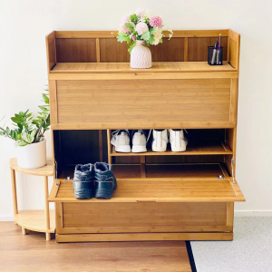 Holder Bamboo Shoe Cabinet, bamboo made in brown color, 3 flip doors.