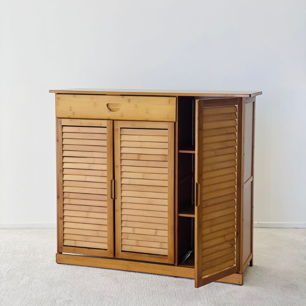 Proper Shoebox, Bamboo made, 3-door cabinet with 1 drawer. Bamboo Brown color version.