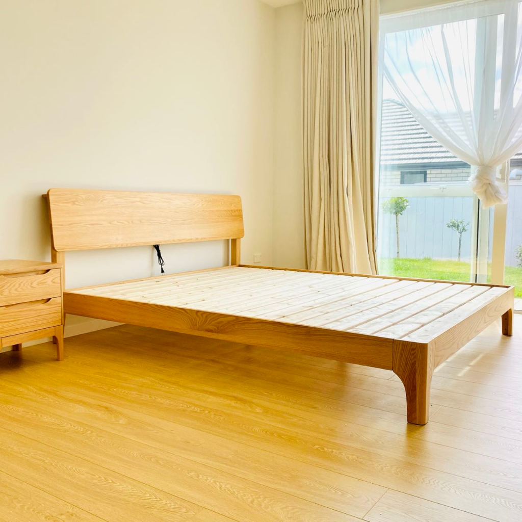 Peninsula Bed Frame: Oak solid wooden bed frame with headboard.