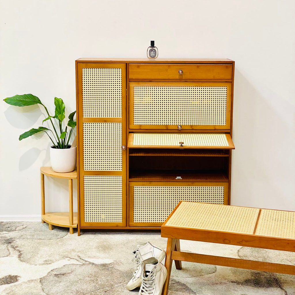 Ratana Shoe Cabinet: 1M Bamboo storage in natural Teak varnish.