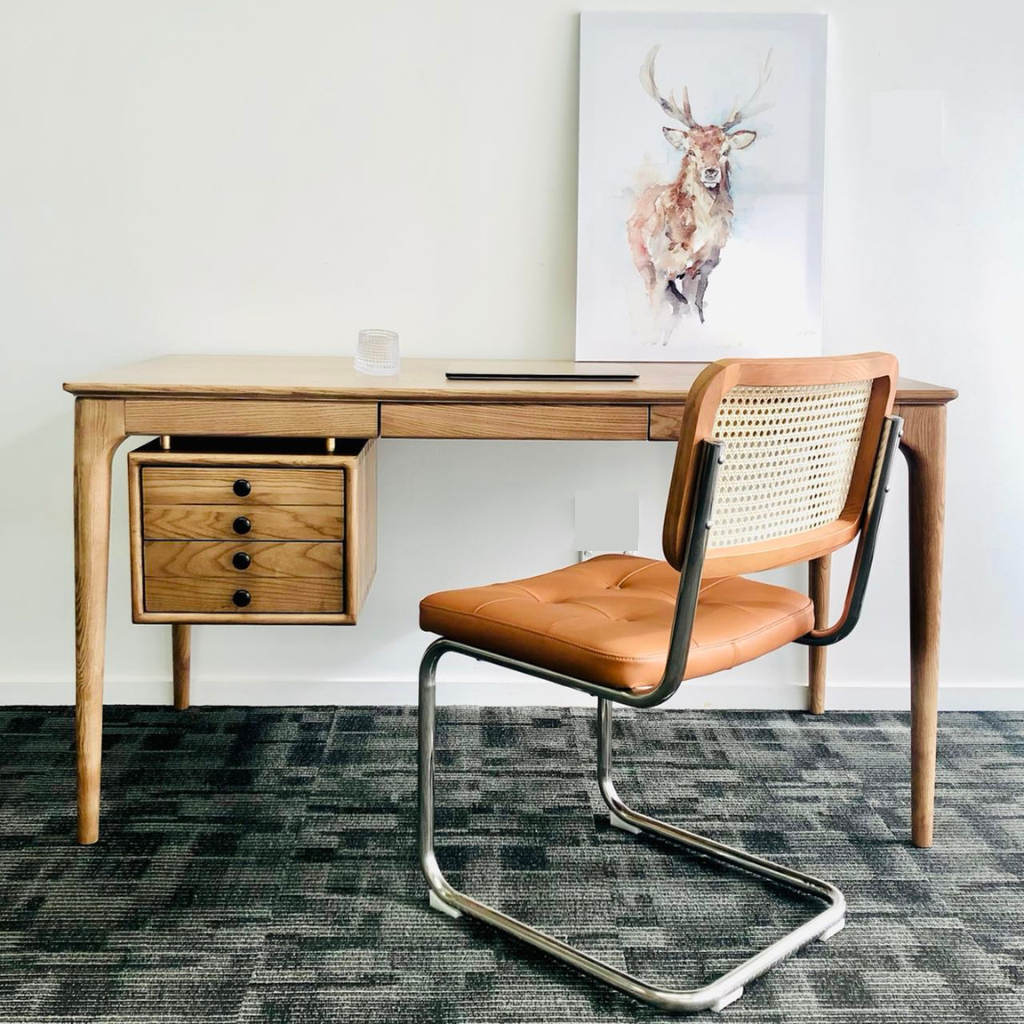 Arden Study Desk, Mid-century modern, ash wood solid, Walnut color.