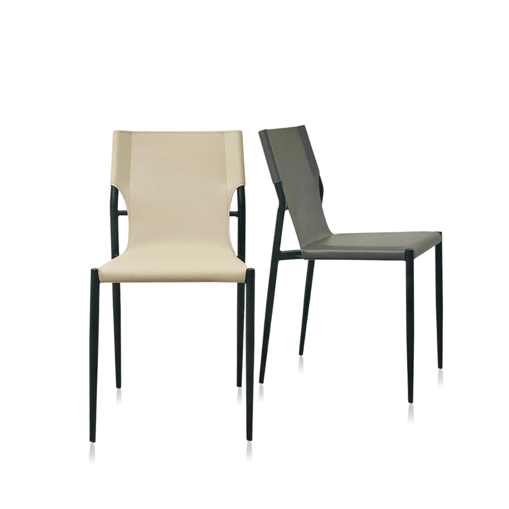Enzo Guest Chair, upholstery in Beige and Slate color. Metal frame combine with saddle leatherette.