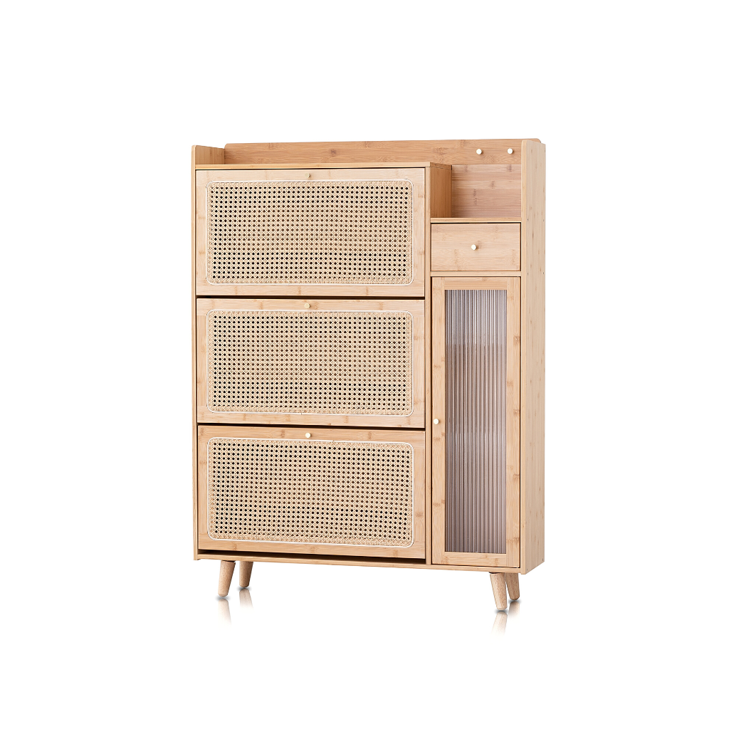 Tropicana Shoe Storage, natural bamboo, rattan cane woven with reeded glass.