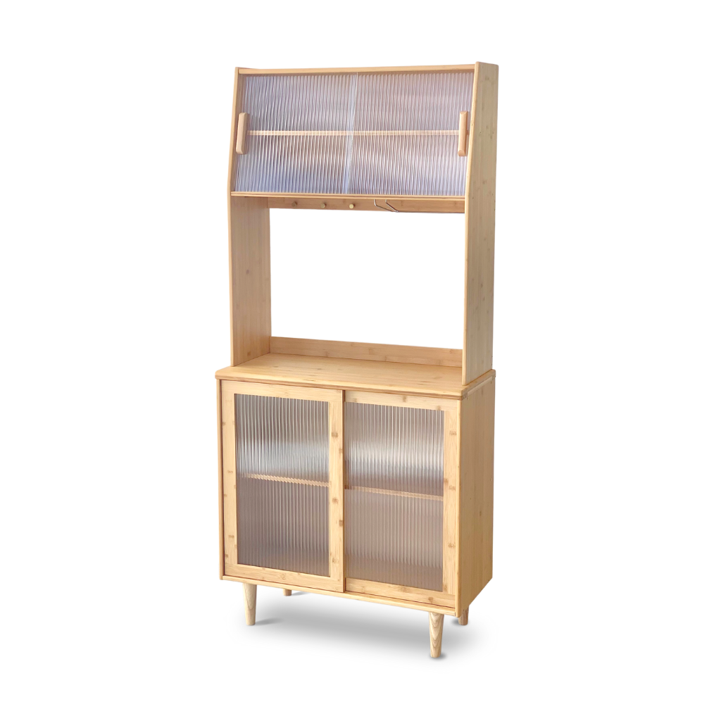 Bistro Kitchen High Cabinet, natural bamboo with reeded glass door, 2-tiered multipurpose storage.
