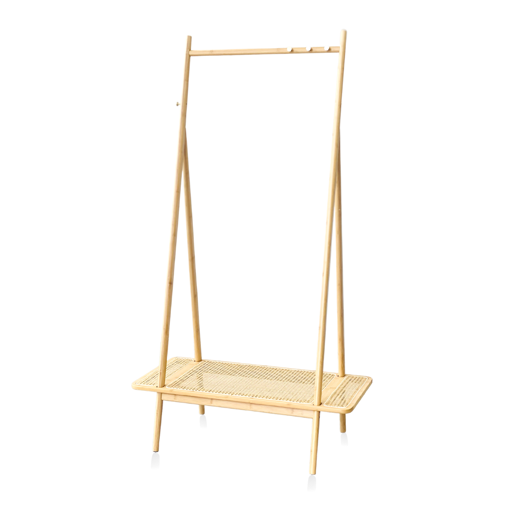 Izzy Clothes Stand: Scandi-minimalist, bamboo blend with natural cane woven.