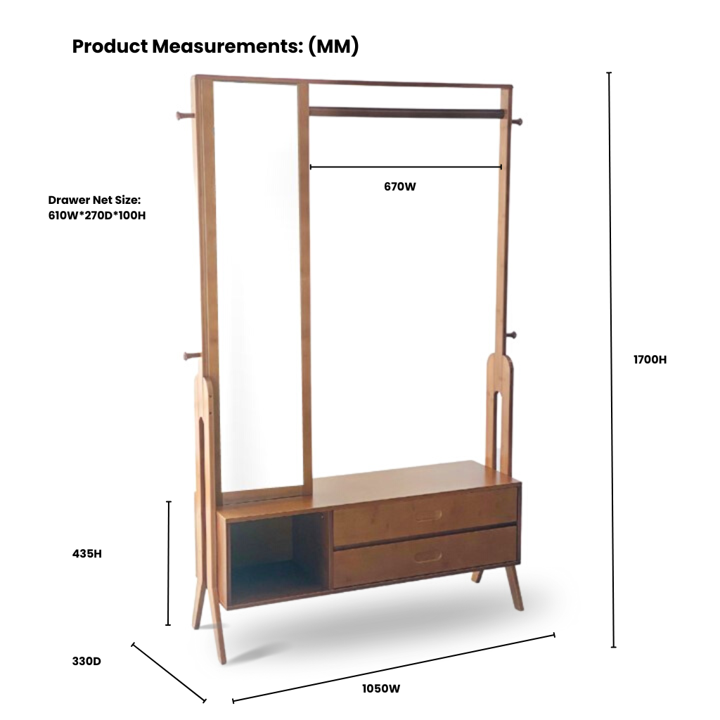 IRONVAN-Nosta-garment-stand-rack-rod-hook-drawer-mirror-measurement-2023