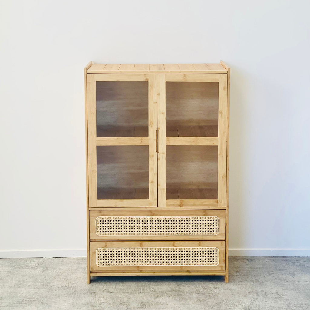 IRONVAN-Garbin-bookcase-floor-cabinet-1060H-3layer-bamboo-rattan-glass