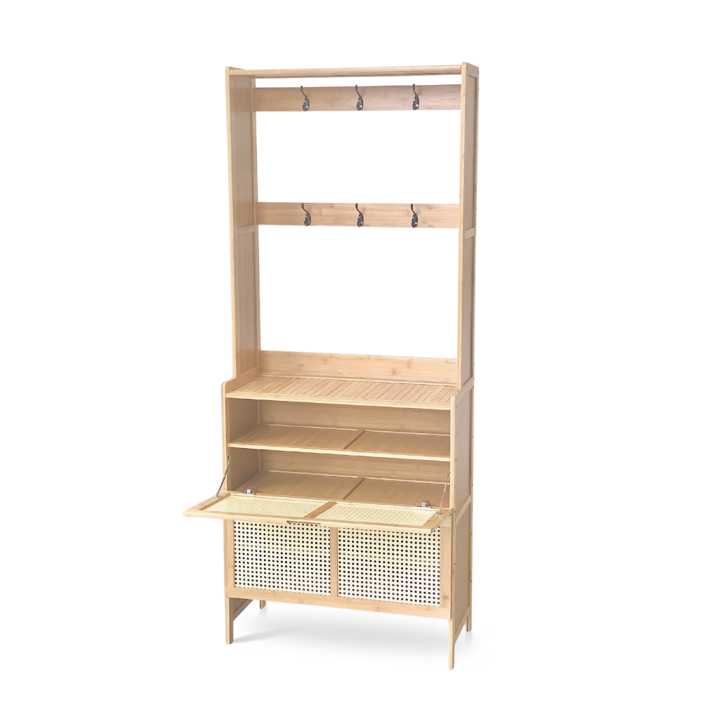 Cubicle Entry Cabinet, rustic and stylish shoe cabinet with coat hanger integrated storage.