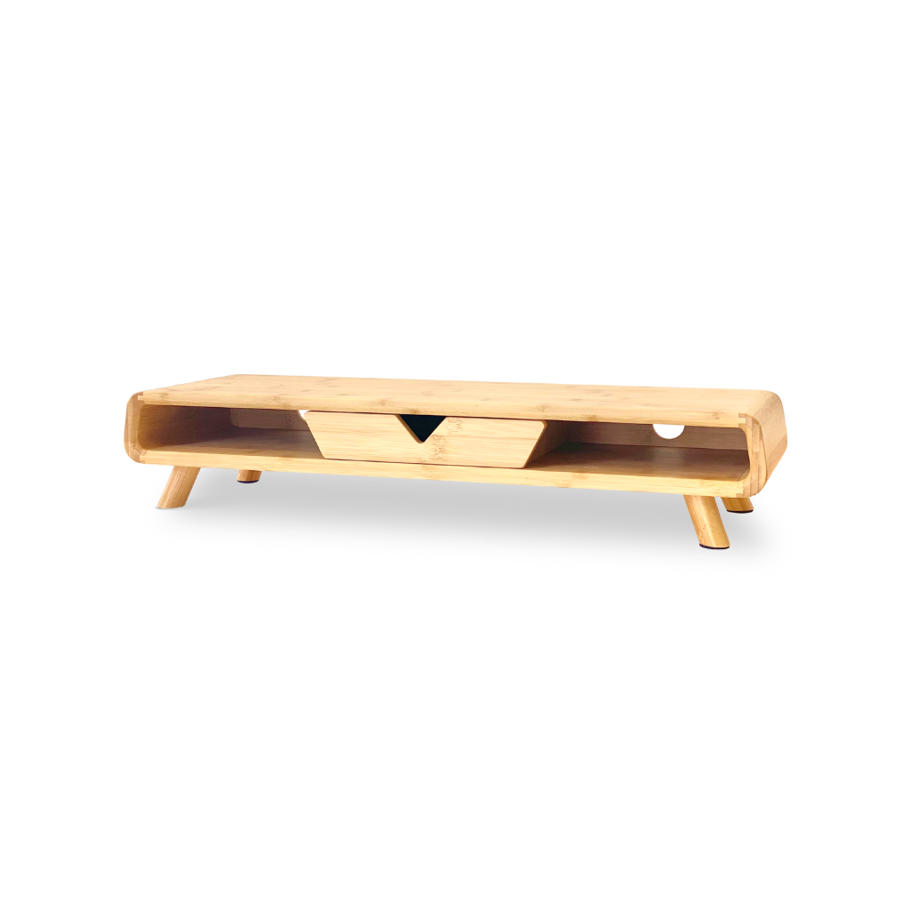 Hippo Monitor Stand with drawer, a natural bamboo crafted smart desktop furniture piece.