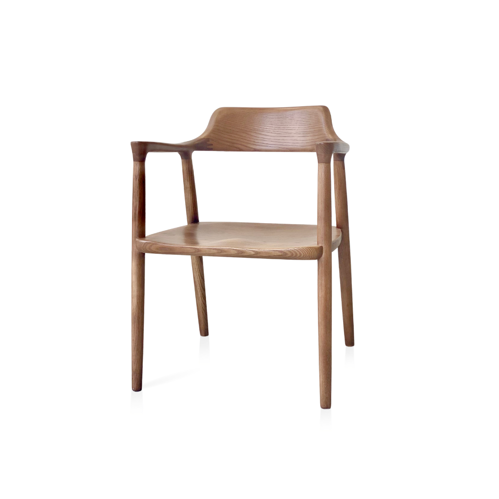 Hiro Wooden Seat Armchair, inspired by Hiroshima armchair, solid ash wood Walnut stain color.