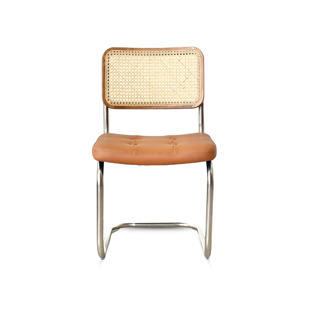 Cescar Rattan Back Chair, Tan suit- upholstery in tan with teak framing backrest.