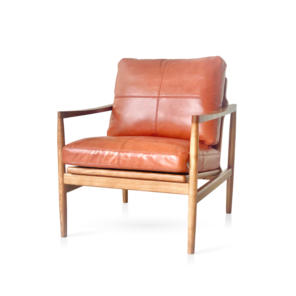 Hans Armchair, stunning mid-century style, top-grain leather upholstered occasional chair.