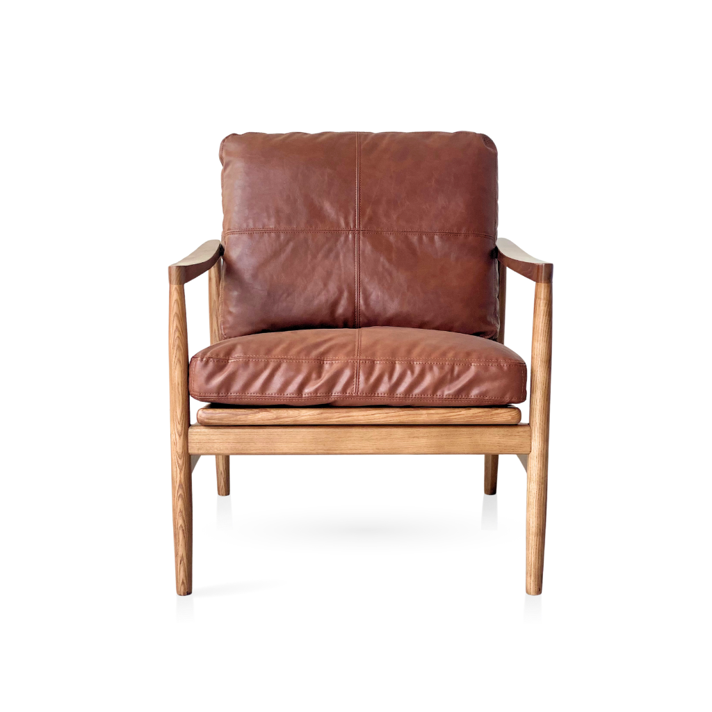 Hans Armchair, solid ash wood frame in Walnut stain color with Rustic Brown bonded leather upholstery.
