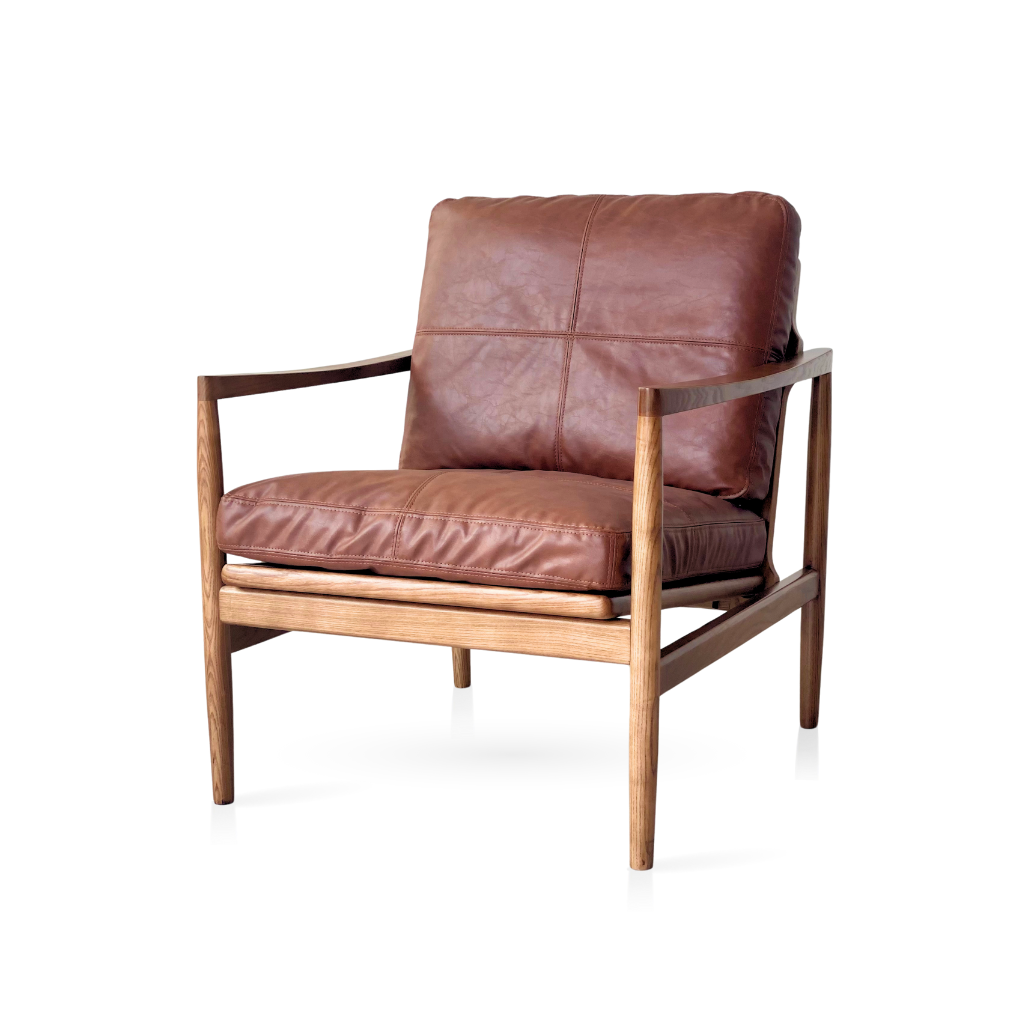 Hans lounge suite: single seat armchair, bonded leather vintage Rustic Brown color upholstery.