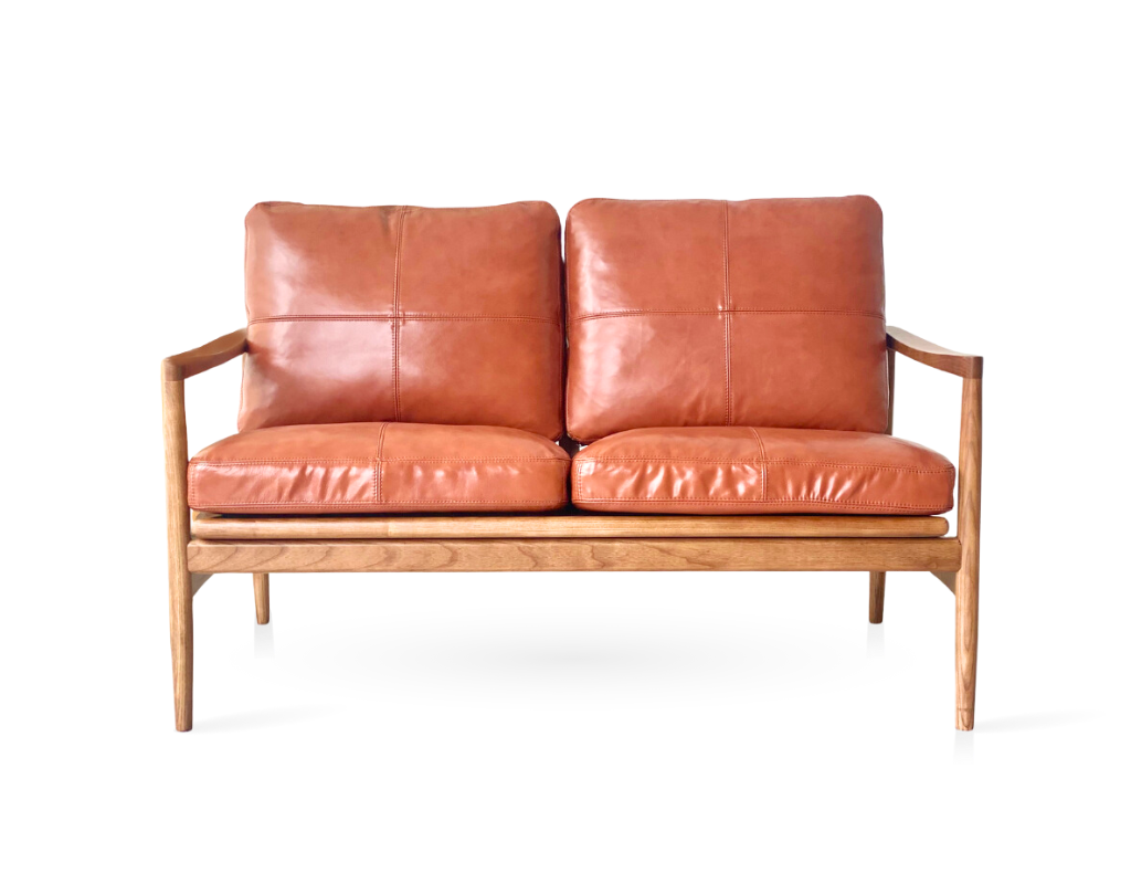Hans Leisure Sofa 2 seater, top-grain leather in glossy Caramel color.