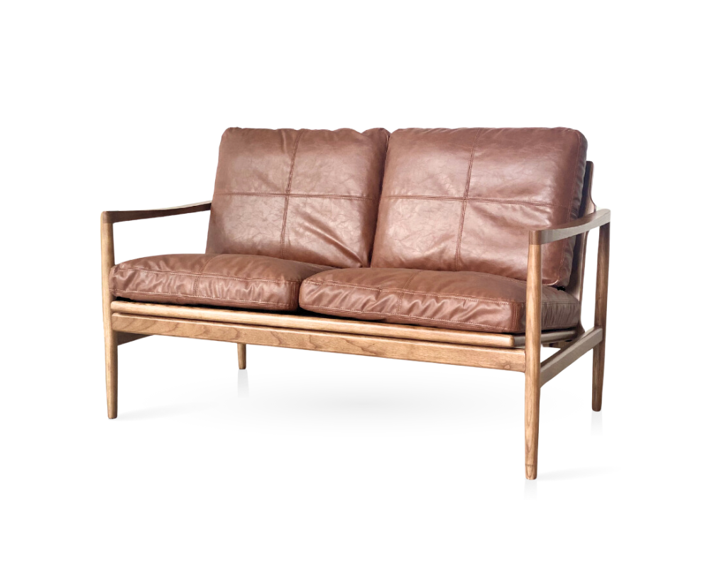 Hans Leisure Sofa, 2 seater in bonded leather vintage Rustic Brown color, matte finishes.