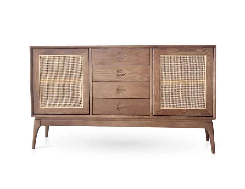 Minato Cabinet, versatile console and buffet table- ash wood walnut stain color with natural cane woven doors.
