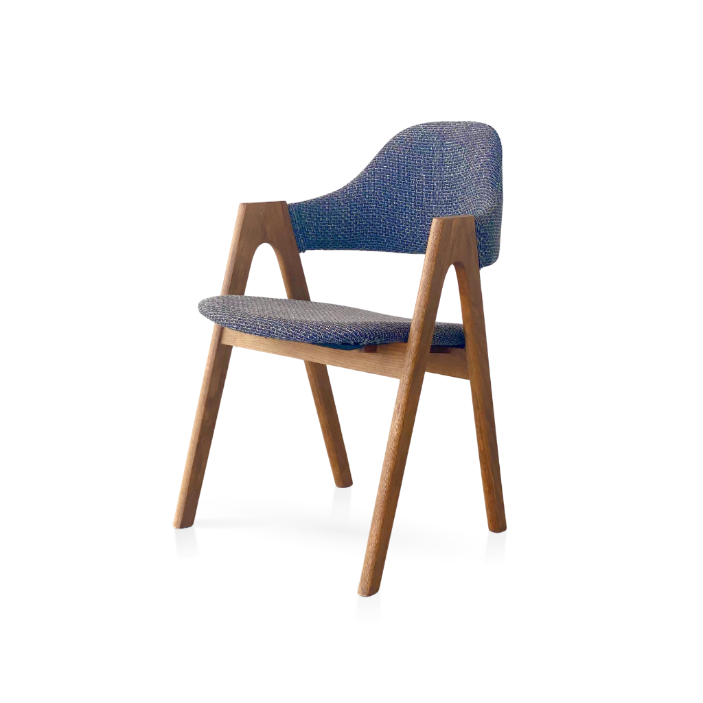 Impress upholstered chair, oak walnut stain frame with metal grey fabric upholstery.